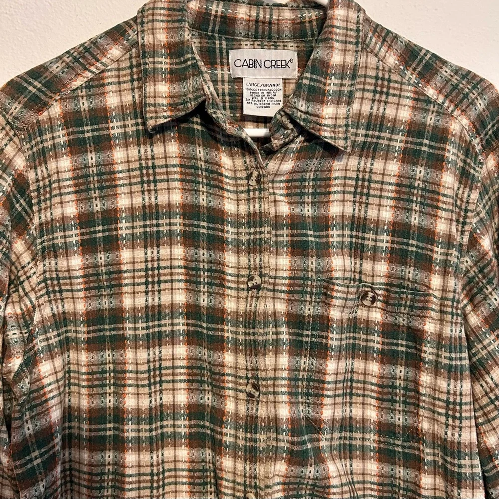 Vintage 100% Cotton Green Plaid Flannel Shirt Size Large